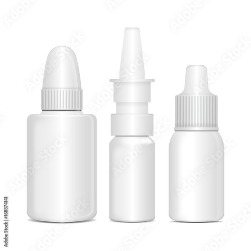 Set of Spray Nasal or Eye Antiseptic Drugs. White Plastic Bottle With Box. Common Cold, Allergies. Vector Realistic Mock Up