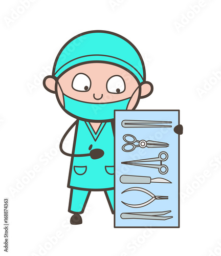 Cartoon Surgeon Presenting Medical Tool Kit Vector