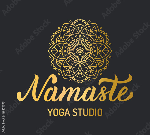 Hand lettering gold logo with mandala elements for yoga studio. Isolated on black background. Vector illustration.