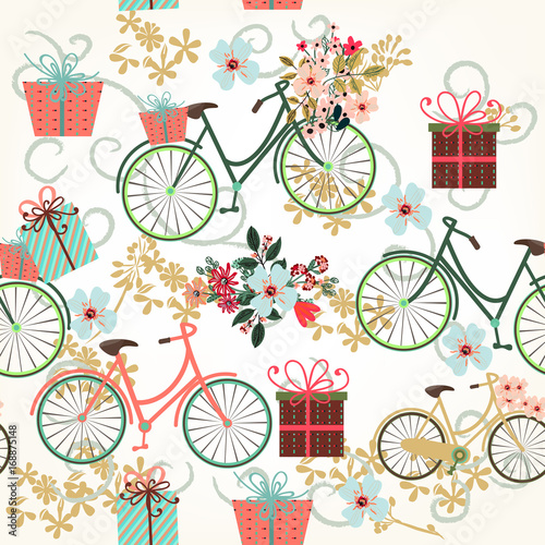 Floral wallpaper pattern with bicycles and flowers