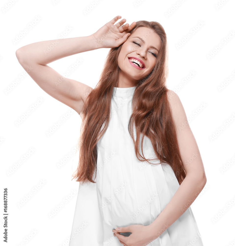 Emotional pregnant woman on white background. Pregnancy hormones concept Emotional pregnant woman on white background. Pregnancy hormones concept