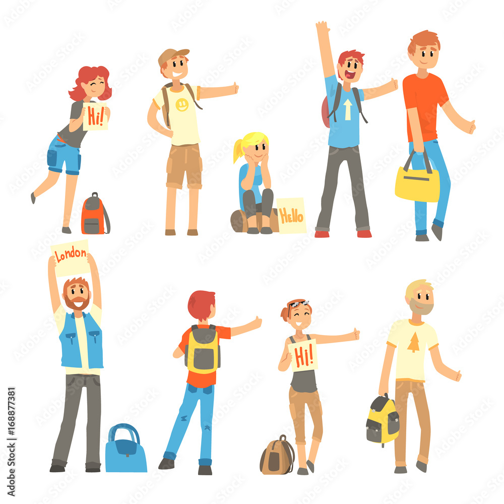 Young people standing with a sign hitchhiking and raised their thumb up set, travelling by autostop cartoon vector Illustrations