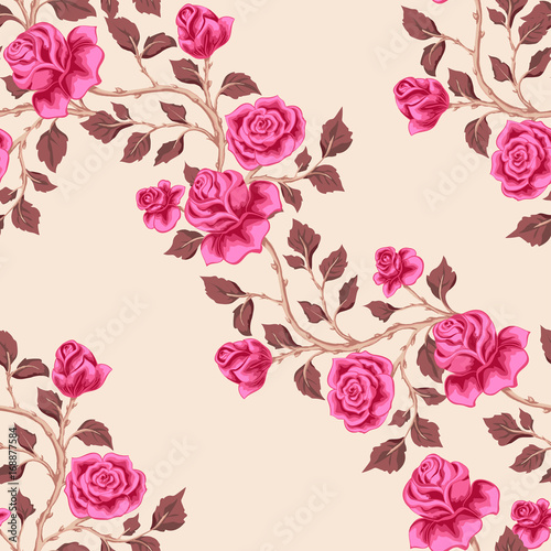 Floral seamless pattern with pink roses. Diagonal branches with flowers. Vector illustration for textile, print, wallpapers, wrapping.