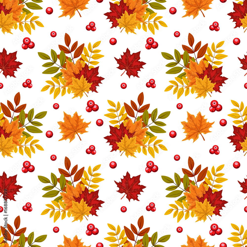 Seamless autumn pattern with berries and leaves. Vector Colorful background for wallpaper, gift paper, greeting cards, wrapping, textile, print. Seamless autumn pattern with berries and leaves. Vector Colorful background for wallpaper, gift paper, greeting cards, wrapping, textile, print.