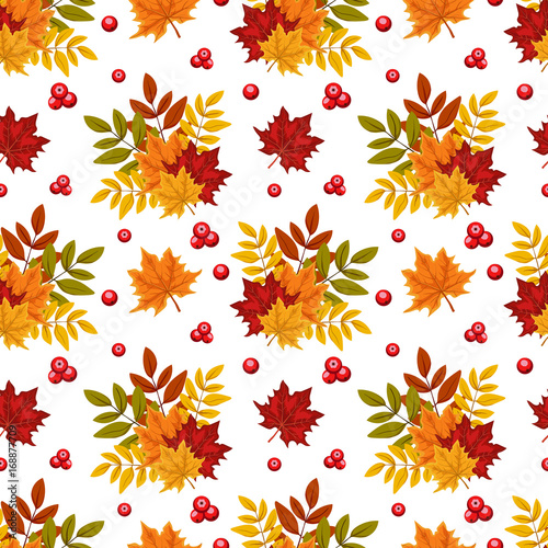 Seamless autumn pattern with berries and leaves. Vector Colorful background for wallpaper, gift paper, greeting cards, wrapping, textile, print. 