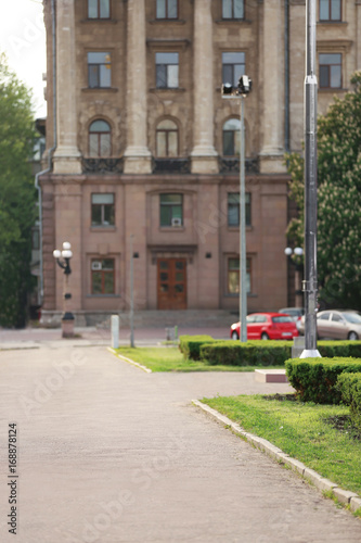 Street and vintage building on sunny day