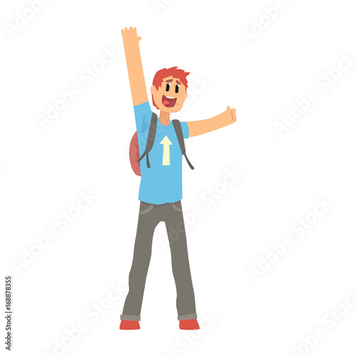 Hitchhiking man trying to stop a car on a highway, travelling by autostop cartoon vector Illustration