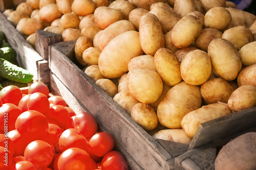 фотографія Pile of new potatoes in grocery store, close up