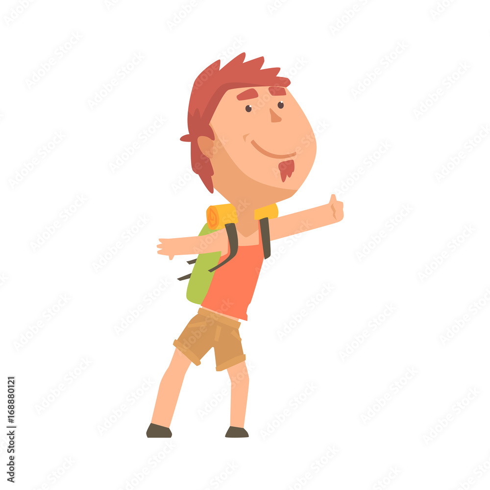 Hitchhiking young man with backpack trying to stop a car, travelling by autostop cartoon vector Illustration
