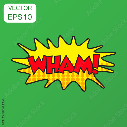 Wham comic sound effects icon. Business concept wham sound bubble speech pictogram. Vector illustration on green background with long shadow.