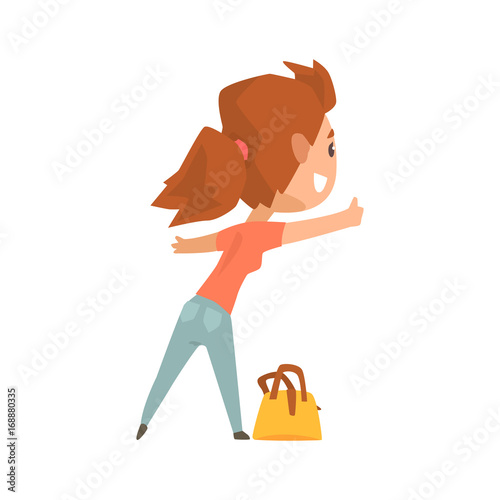 Girl with bag standing with a sign hitchhiking and raised her thumb up, travelling by autostop cartoon vector Illustration