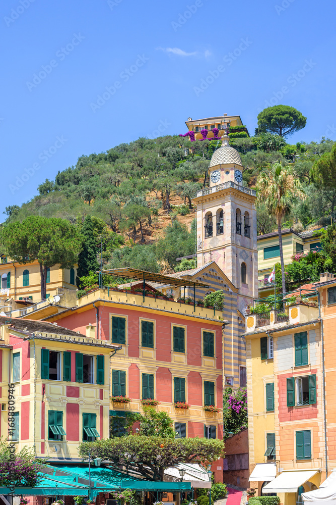 Beautiful daylight view to tourists street of Portofino, Italy