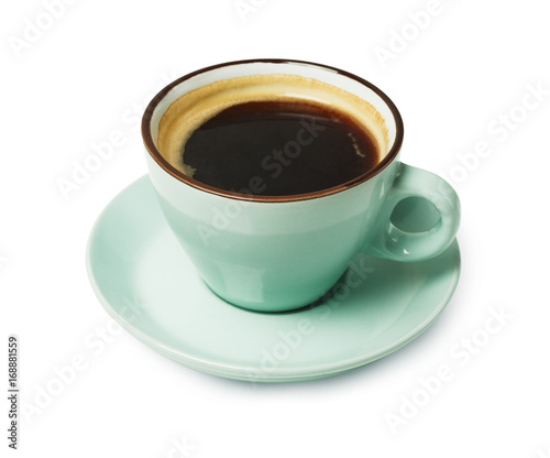 Espresso or americano, black coffee cup above on white background