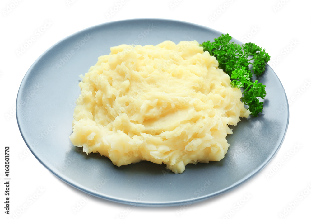 Plate with mashed potatoes on white background Plate with mashed potatoes on white background