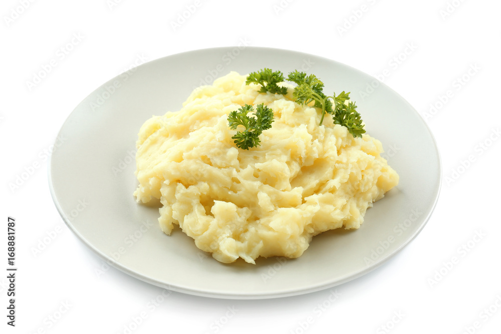 Plate with mashed potatoes on white background Plate with mashed potatoes on white background