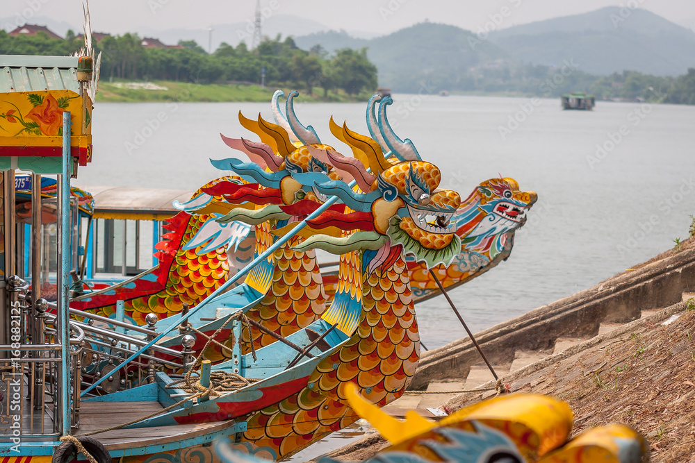 Boats in the Perfurm River of Hue, Vietnam Boats in the Perfurm River of Hue, Vietnam