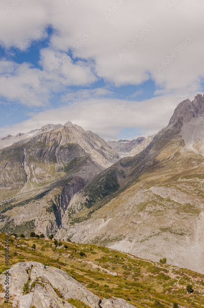 Riederalp, Moosfluh, Aletsch, Aletschgletscher, Gletscher, Fusshörner, Beichgletscher, Alpen, Wanderweg, Moränenweg, Wallis, Sommer, Schweiz