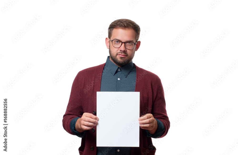 Business man showing empty paper card sign Business man showing empty paper card sign