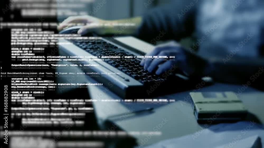 A flow of source code text program instructions in tilt-shift, overlayed on the hands of a man typing on a computer pc keyboard.
