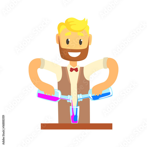 Bartender man character standing at the bar counter mixing cocktail, barman at work cartoon vector Illustration