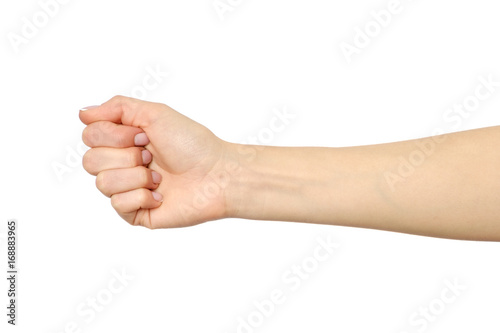 Female hand showing wrong fist gesture isolated on white