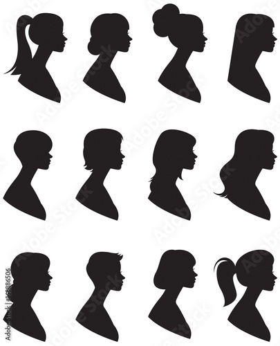 Set of vector silhouettes. Portrait of a woman in a profile with different hairstyles on a white background.