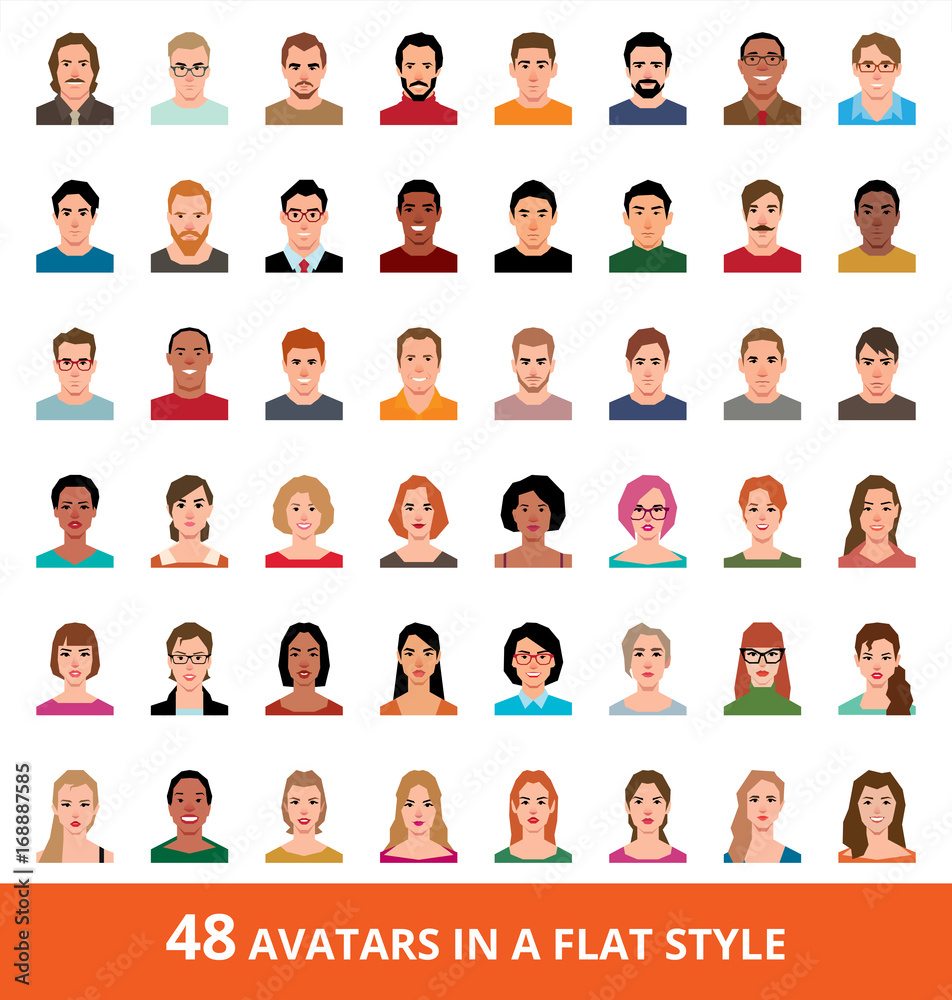 Large vector set of avatars of men and women in a flat style