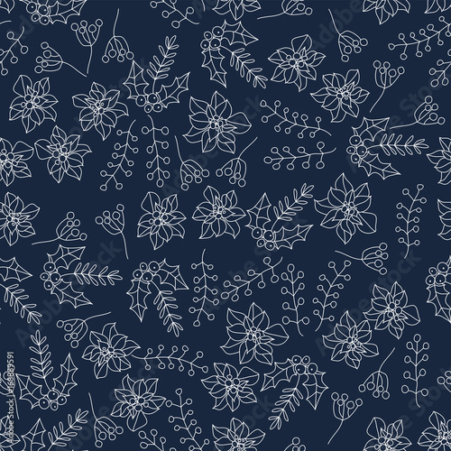 Christmas botanical seamless pattern with holly berries. 