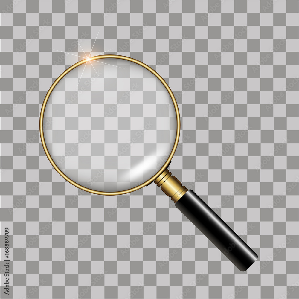 Realistic gold magnifier on transparent background. Vector Stock Vector