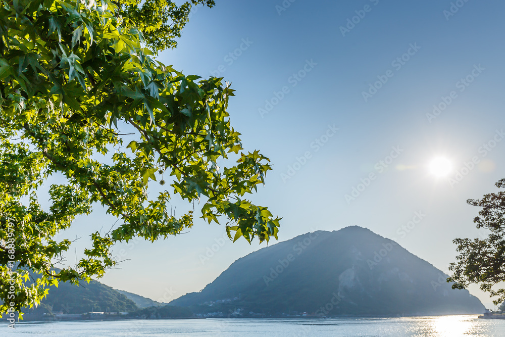 The sea with the sun and the trees are mountains.