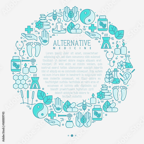 Alternative medicine concept in circle with thin line icons. Vector illustration of banner, print media or web site for yoga, acupuncture, wellness, ayurveda, chinese medicine, holistic center.