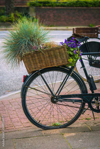 Wallpaper Mural Vintage bycicle with basket and form green plants parked on the street Torontodigital.ca