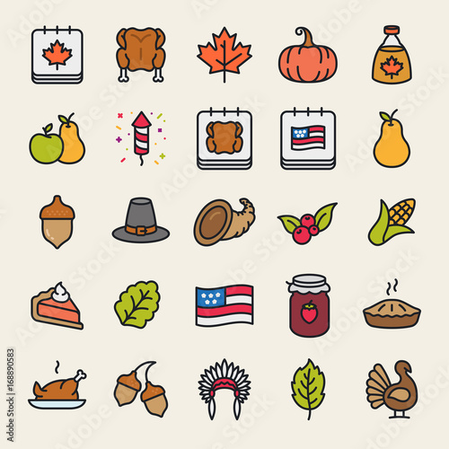 Thanksgiving Minimal Color Flat Line Stroke Icon Pictogram Symbol Illustration Set Collection. Turkey, Pumpkin Pie, Corn, Cranberry, Maple Leaf, Pilgrim Hat.