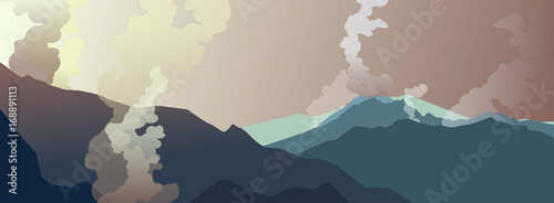 Landscape.Foggy  mountains. Sunset.