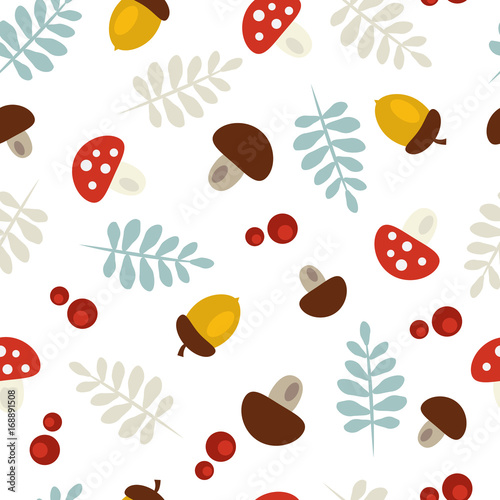 Seamless Autumn pattern with acorns, leaves and mushrooms