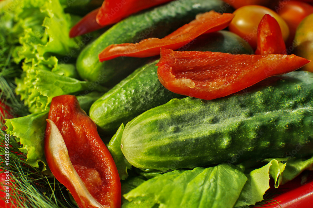 Assorted raw organic vegetables for healthy eating. Tomatoes, cucumbers, peppers and lettuce close up.
