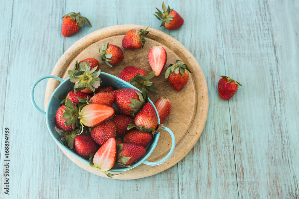 Strawberries From Above On Wood Cutting Board Strawberries From Above On Wood Cutting Board