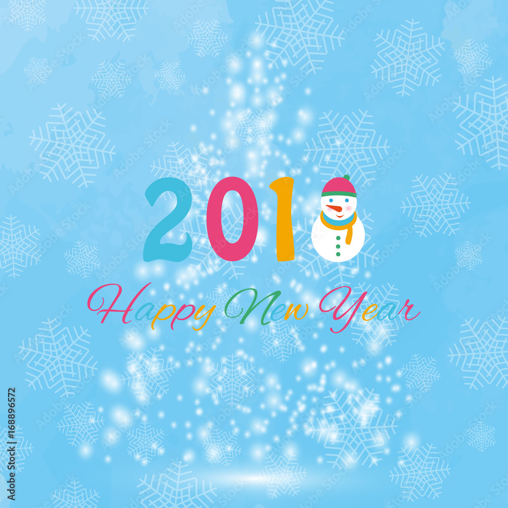 Happy new year 2018 background with snowman and snow, vector illustration.