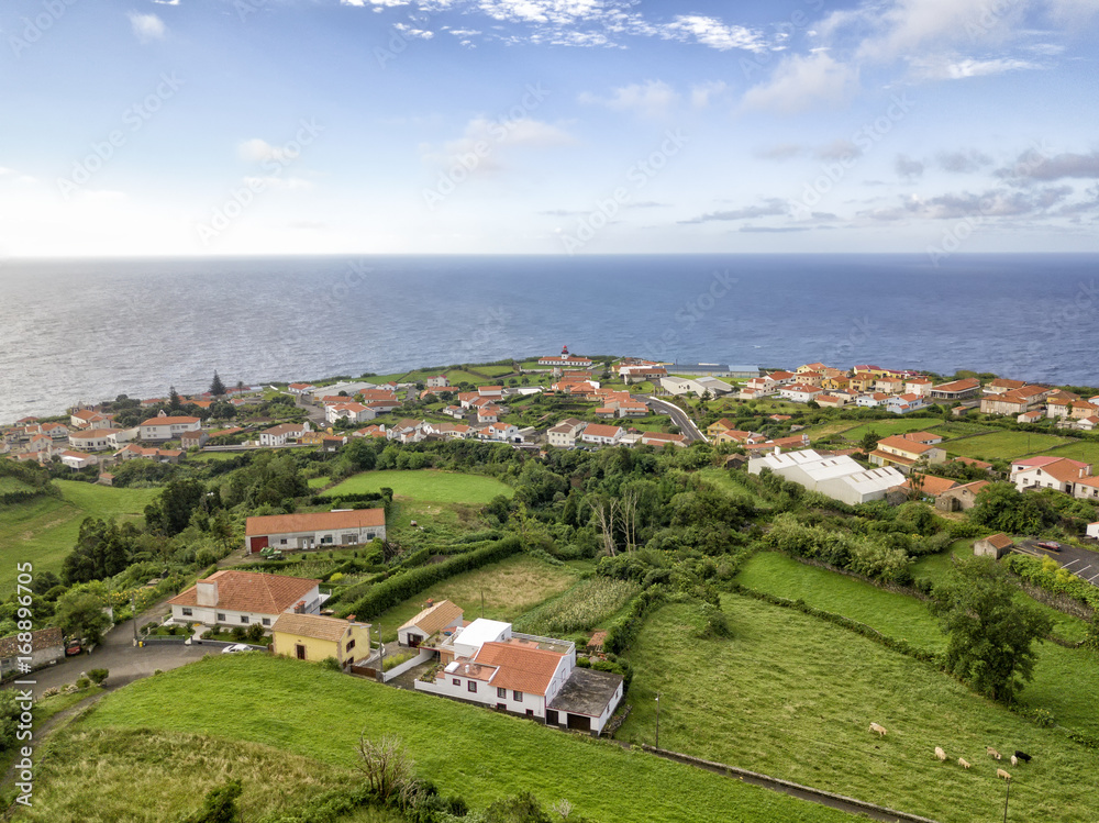Aerial shot of the coastal town of Lajes in Flores, Azores.