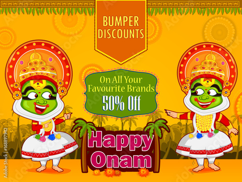 Kathakali dancer offering shopping sale for Onam festival of Kerala