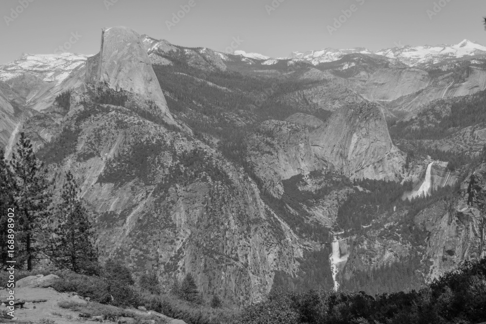 Black and white shot from glacier point hiking trail,  of half dome, Nevada falls and vernal falls, in Yosemite national park