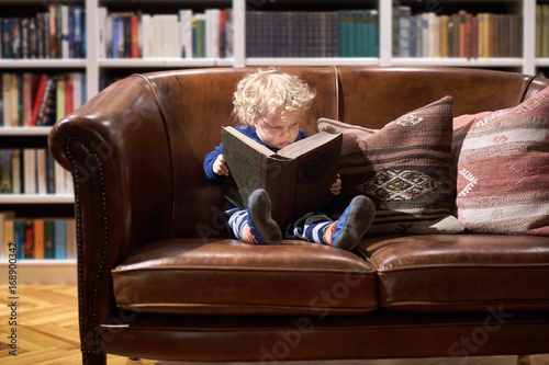Cute toddler reading a book in a fancy library