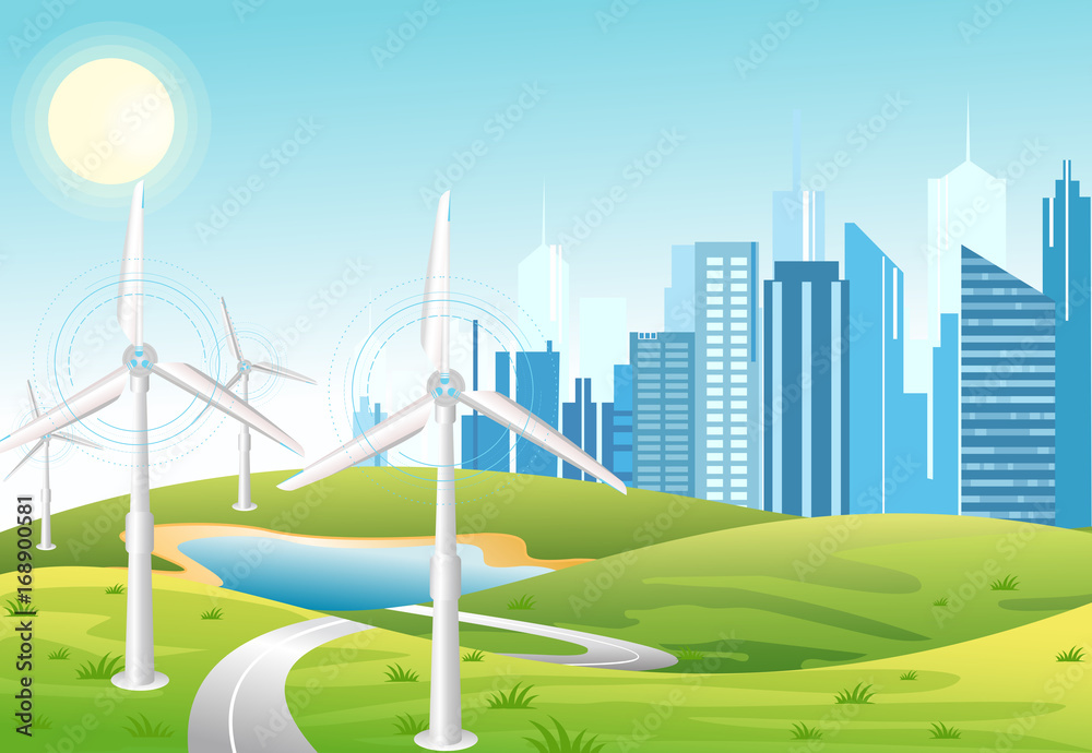 Wind power plant. Wind turbines. Green energy industrial concept. Vector illustration in flat cartoon style of wind power station with urban city background. Renewable energy sources.
