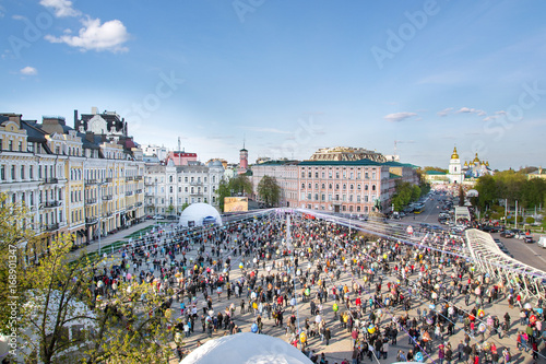 Kiev, Ukraine. Crowd and Easter painted eggs Festival on Sofievska square and St Michael's Monastery
