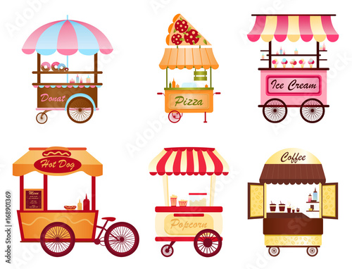 Creative vector illustration of street coffee cart, popcorn and hot dog shop, pizza, ice cream and donut shop set on white background in cartoon flat style.