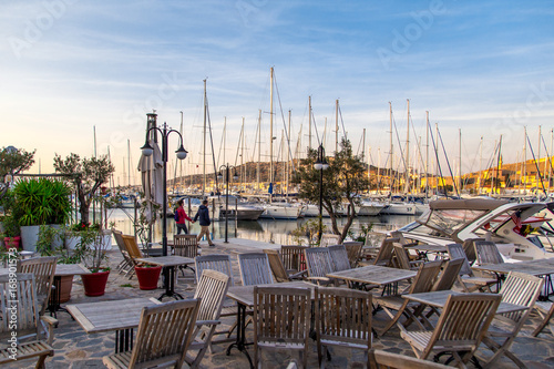 Sunset in Yacht Marina in Cesme with Cafes