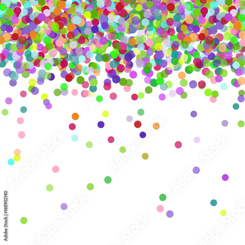 Multicolored paper confetti on white background. Realistic holiday decorations flying. Background for holiday cards, greetings. Colorful flying falling the elements of decoration of the celebration.