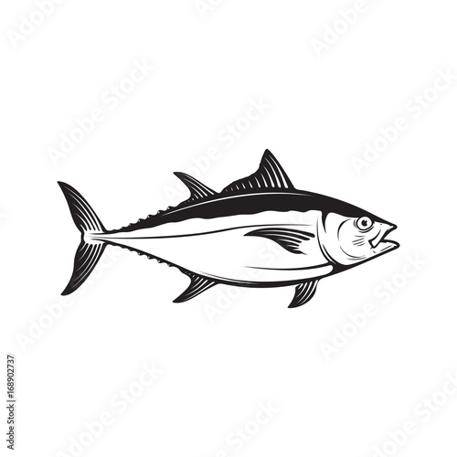 Tuna fish illustration isolated on white background. Design element for logo, label, emblem, sign. Vector illustration