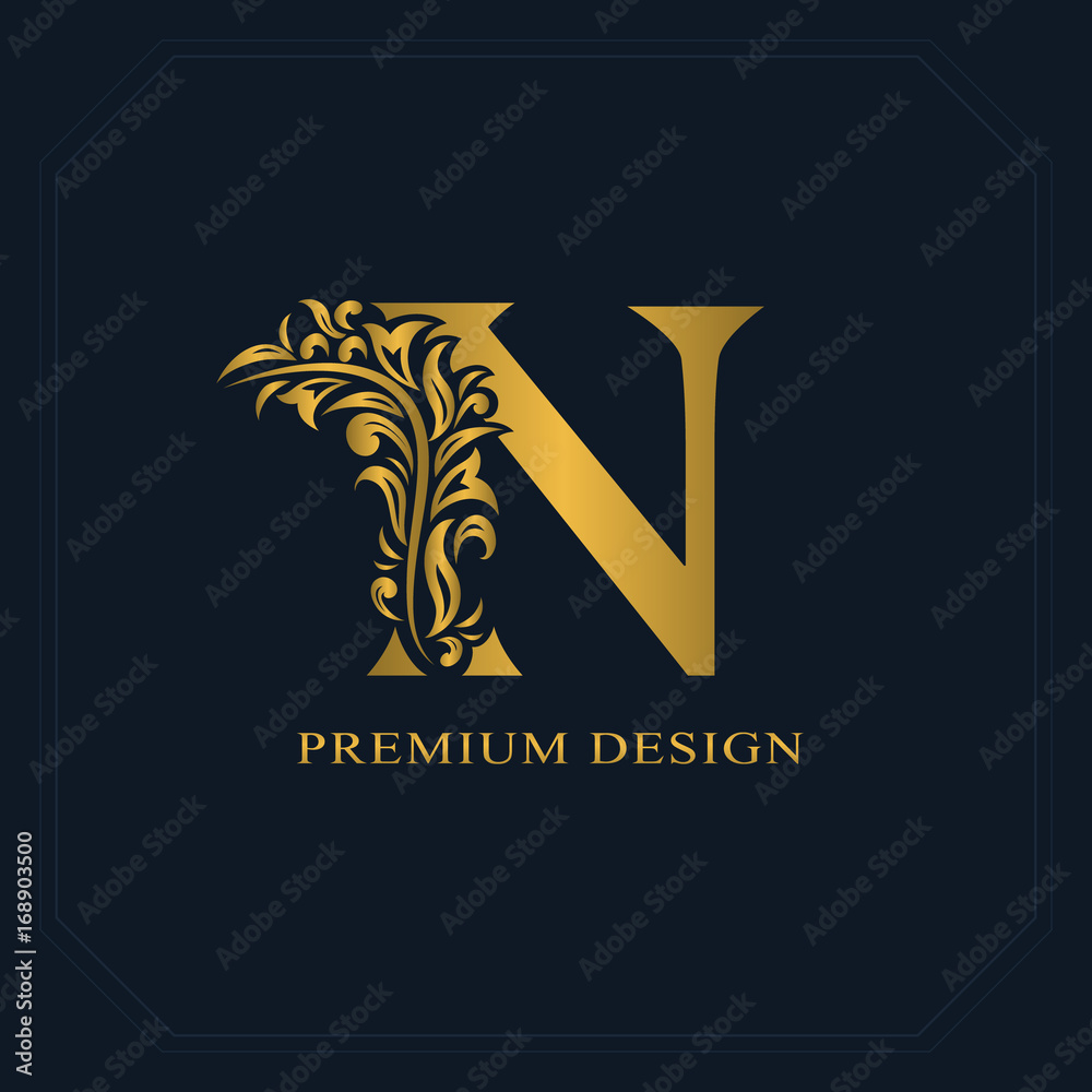 Gold Elegant letter N. Graceful style. Calligraphic beautiful logo ...