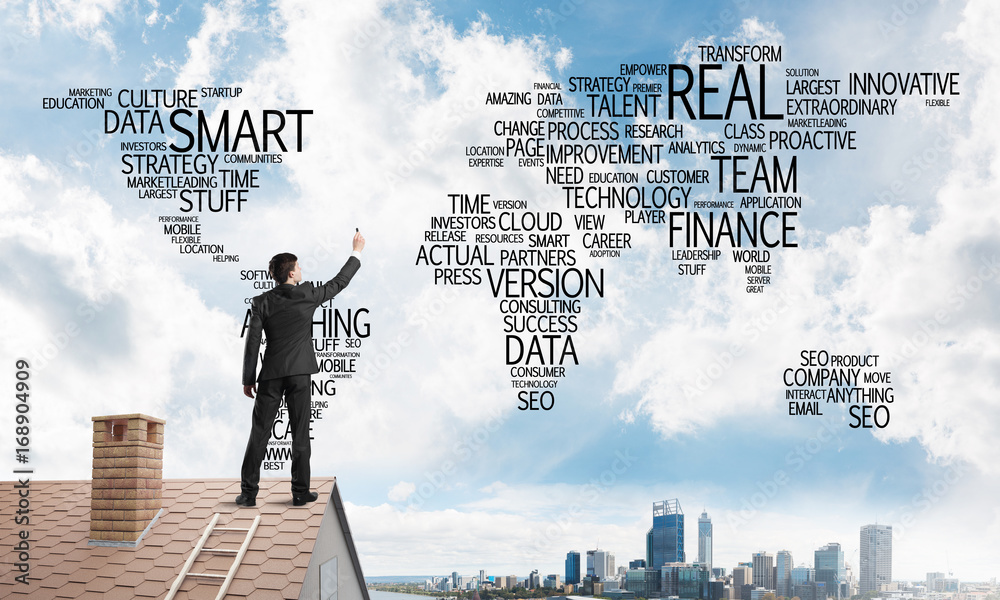 Businessman on brick roof draw world map as concept of globalization. Mixed media Businessman on brick roof draw world map as concept of globalization. Mixed media